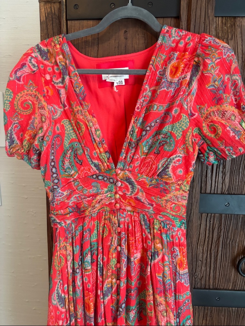 Anthropologie Red Paisley V-Neck Maxi Dress with Puff Sleeves - Picture 6 of 8